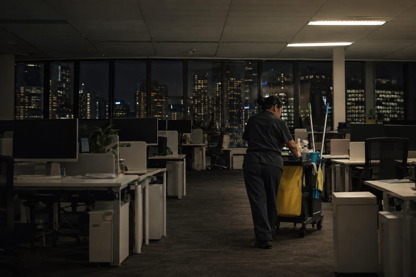 A cleaner working alone on an empty office floor at night, city lights through the windows