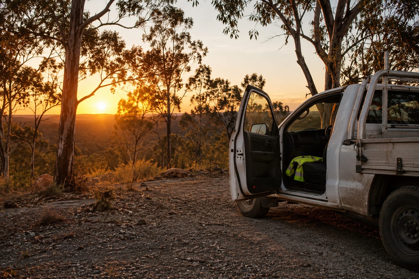 A work ute parked alone on a bush track at sunset, driver's door open and nobody in sight