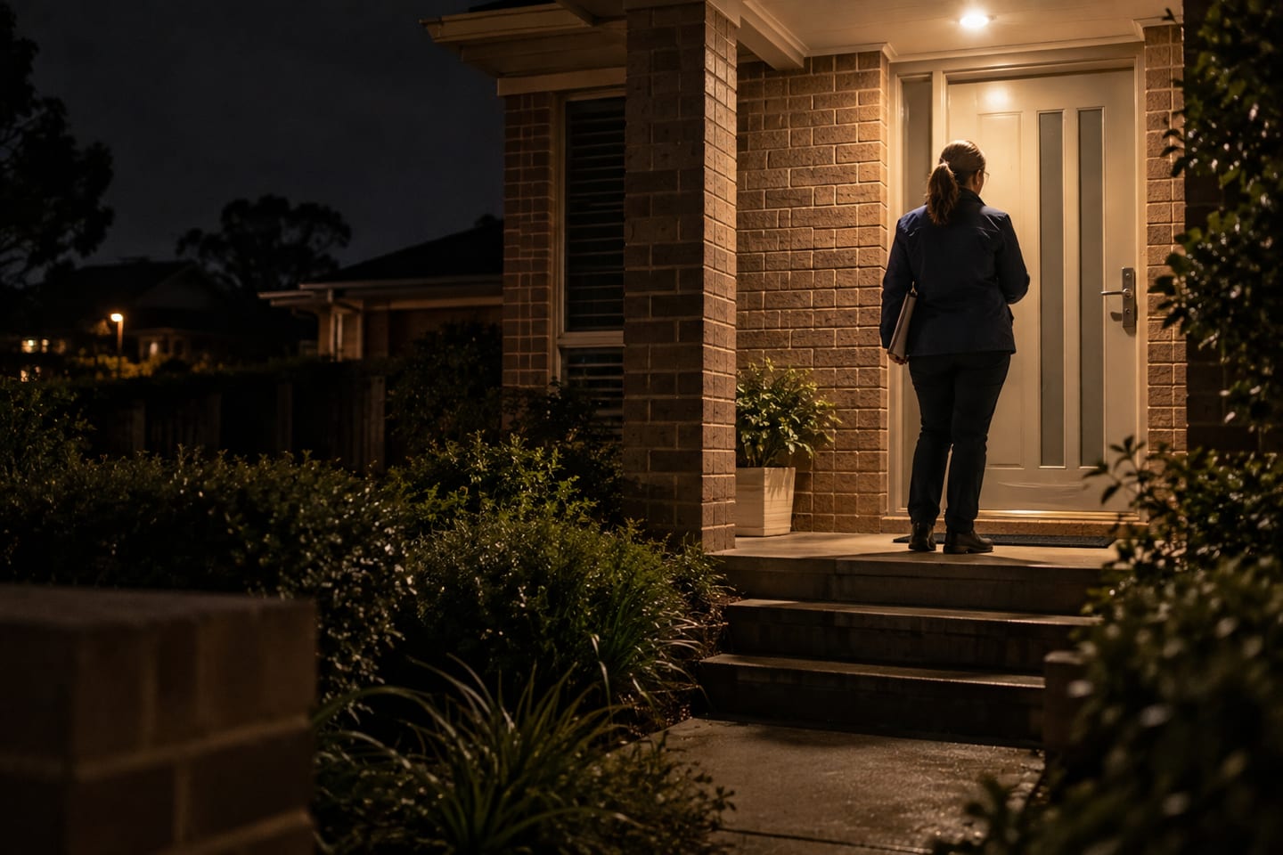 A community support worker waiting at the front door of a suburban house at night