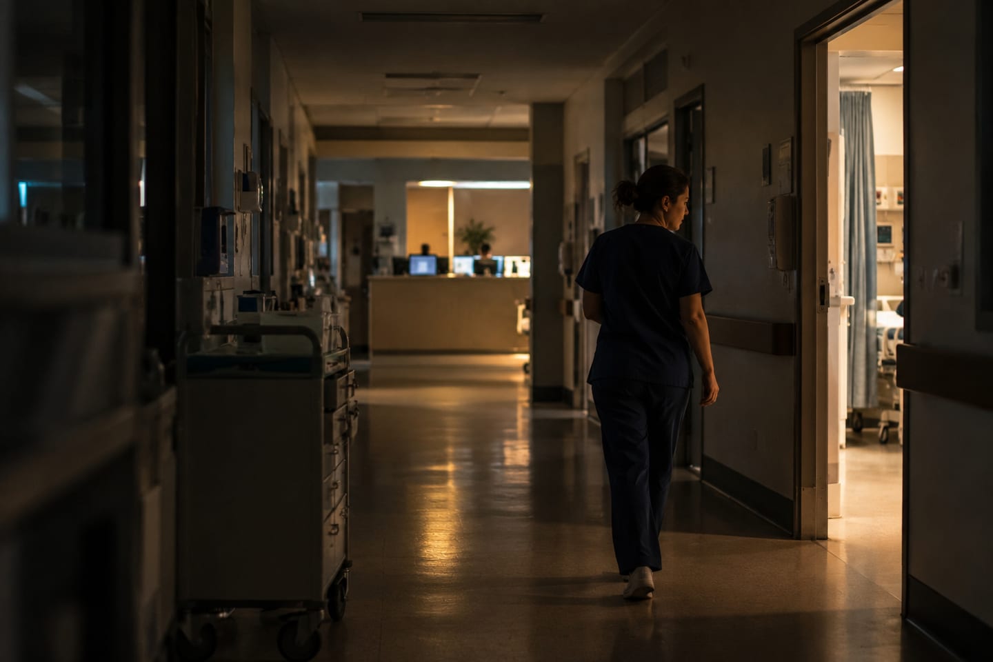 A nurse walking alone down a dim hospital ward corridor at night