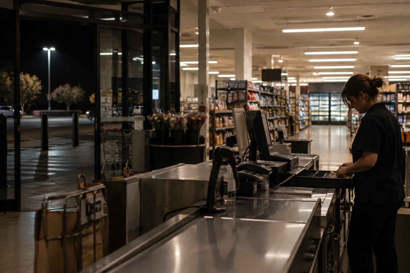 A lone retail worker at a supermarket checkout late at night, the car park dark outside