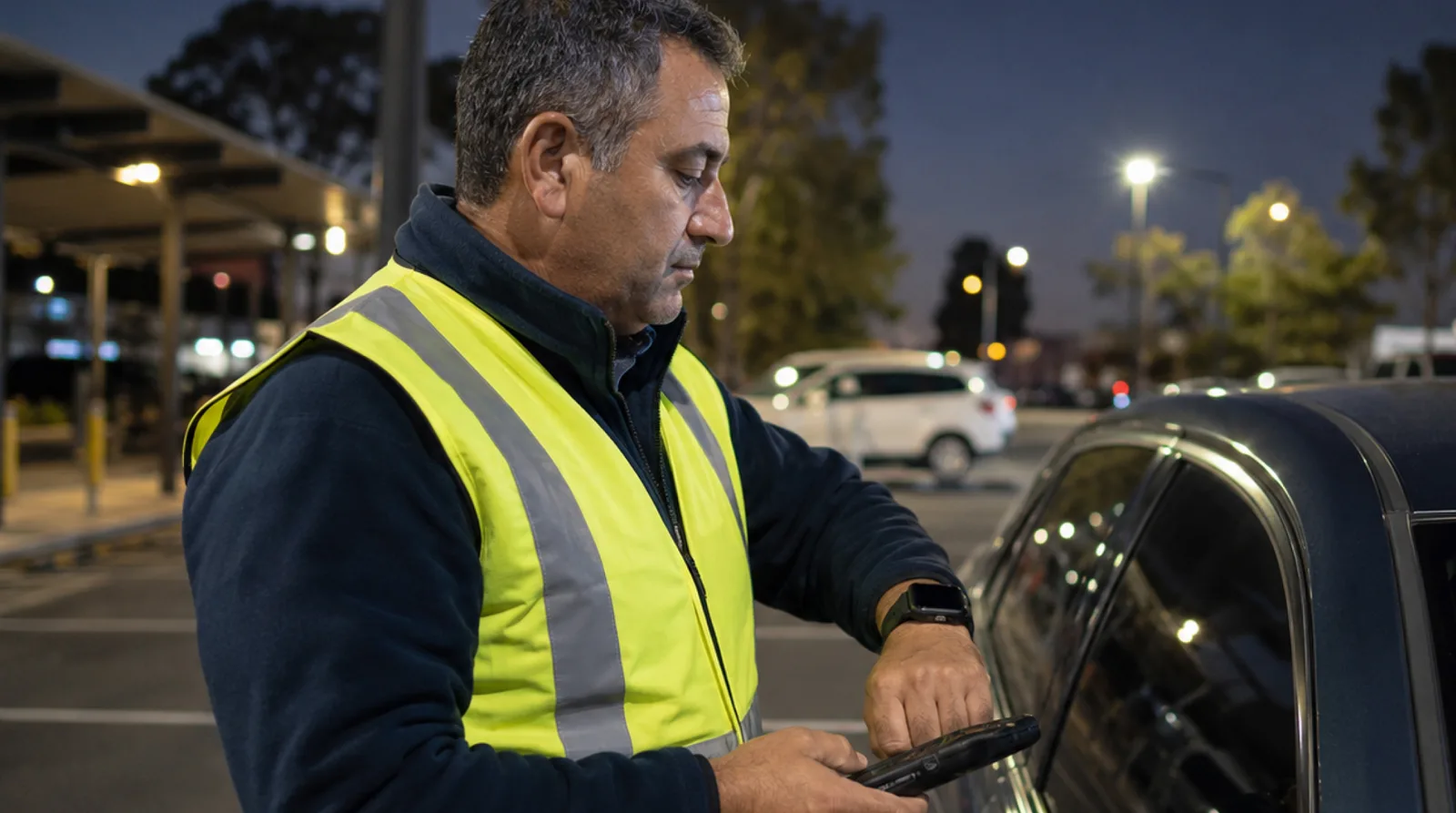 A parking inspector after dark, alone.