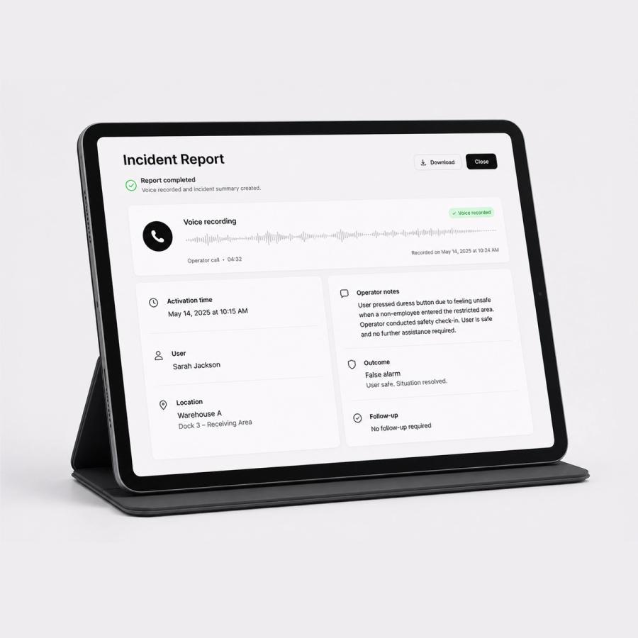 The story, on the record. After every activation, a Duress operator calls the user for a voice-recorded incident report. You end the day wit