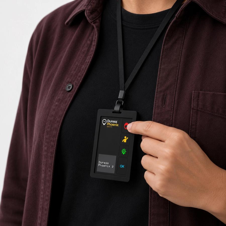 One press. That's the whole emergency. The SOS button sits under your thumb. Hold for two seconds and Phoenix streams live video, audio and 
